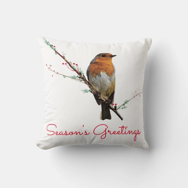 Coussin Rouge-gorge de Noël sur branche d'arbre (Recto)
