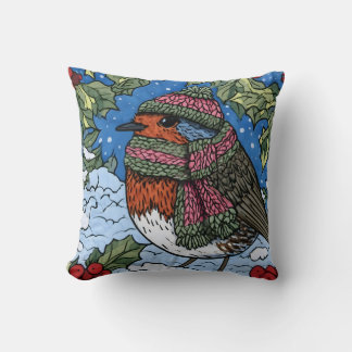 Coussin Rouge-gorge d'hiver au chapeau et à l'écharpe tric