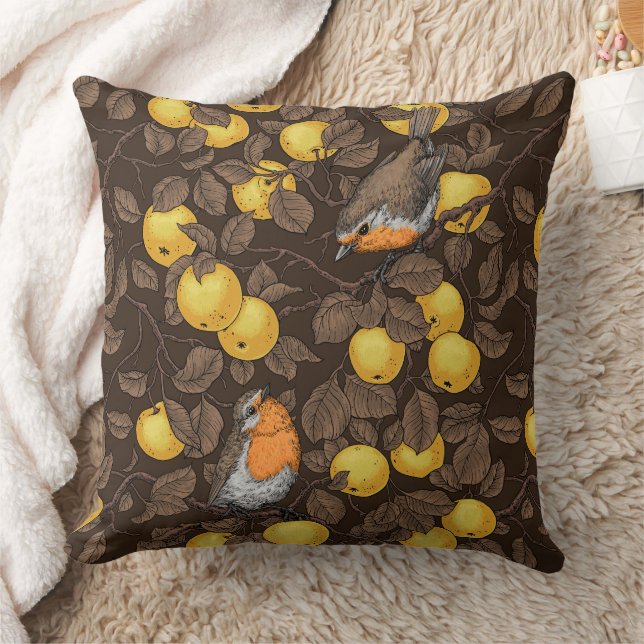 Coussin Rouge-gorges dans le pommier/jaune et brun foncé (Couverture)