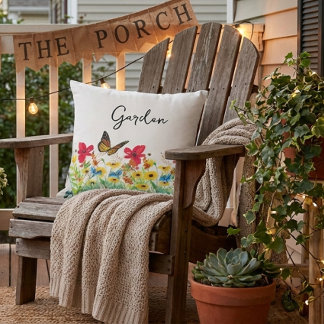 Coussin Rouge Jaune et Bleu Floral avec Papillon 