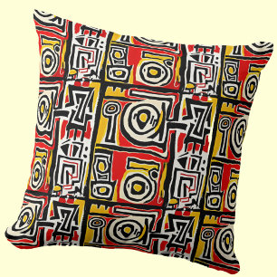Coussin Rouge Jaune Noir Abstrait Africain Tribal Géométri