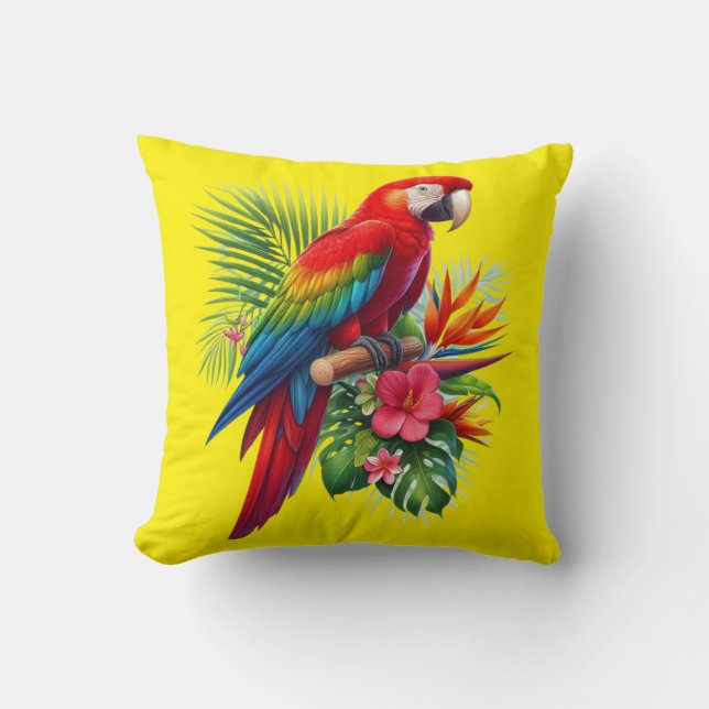 Coussin Rouge macaw tropical floral (Recto)