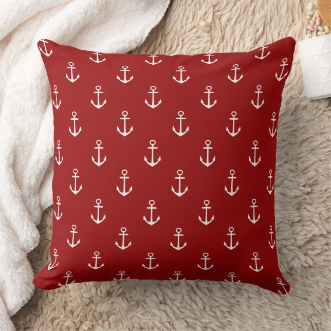 Coussin Rouge Nautique Avec Ancres Blanches (Couverture)
