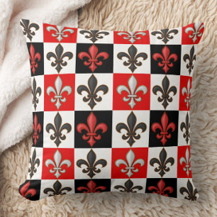 Coussin Rouge Noir Blanc À damiers Fleur de lis Design