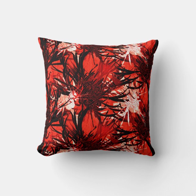 Coussin Rouge Noir & Blanc Moderne Élégant Floral Abstrait (Recto)
