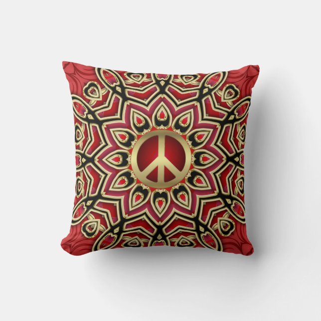 Coussin Rouge Noir Or Paix Géométrique Batik Cushion (Recto)