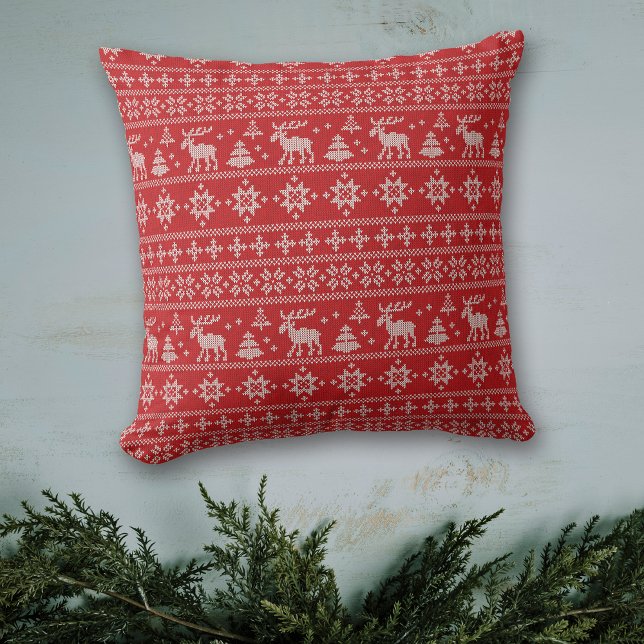 Coussin Rouge nordique Moose Motif Noël (Créateur téléchargé)