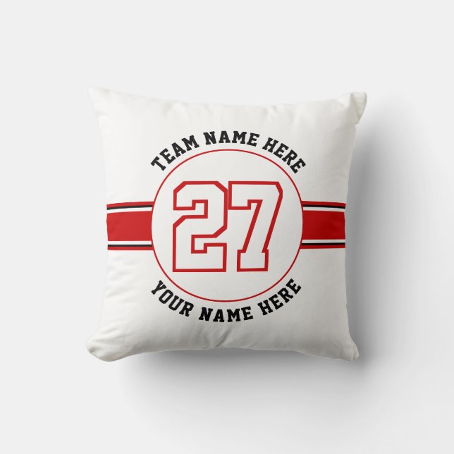Coussin Rouge, numéro de maillot blanc, équipe, nom du jou (Recto)