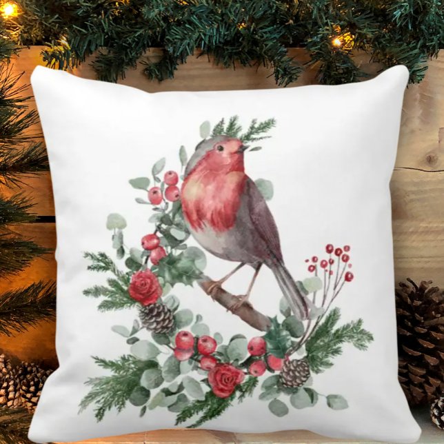 Coussin Rouge Oiseau de Noël Branches de houx Baies Cônes  (Créateur téléchargé)