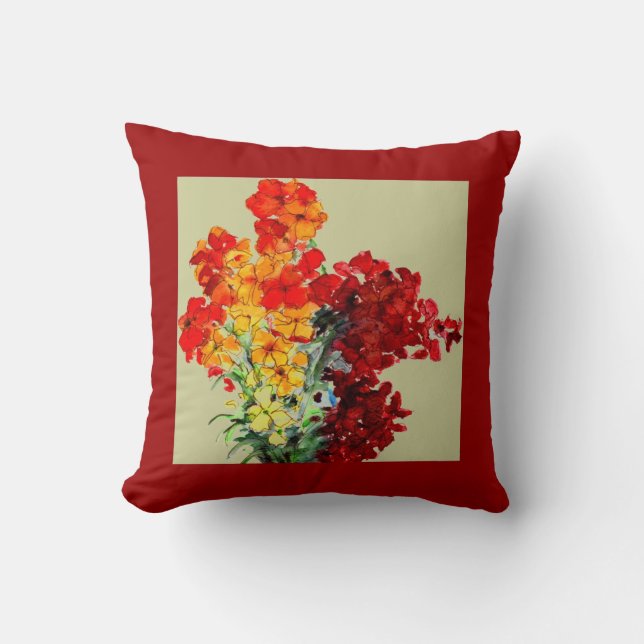 Coussin Rouge, orange, Bourgogne Aquarelle Wallflowers (Recto)