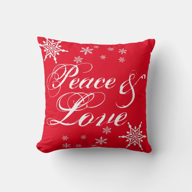 Coussin Rouge "Paix & Amour" Script blanc Flakes de neige (Recto)