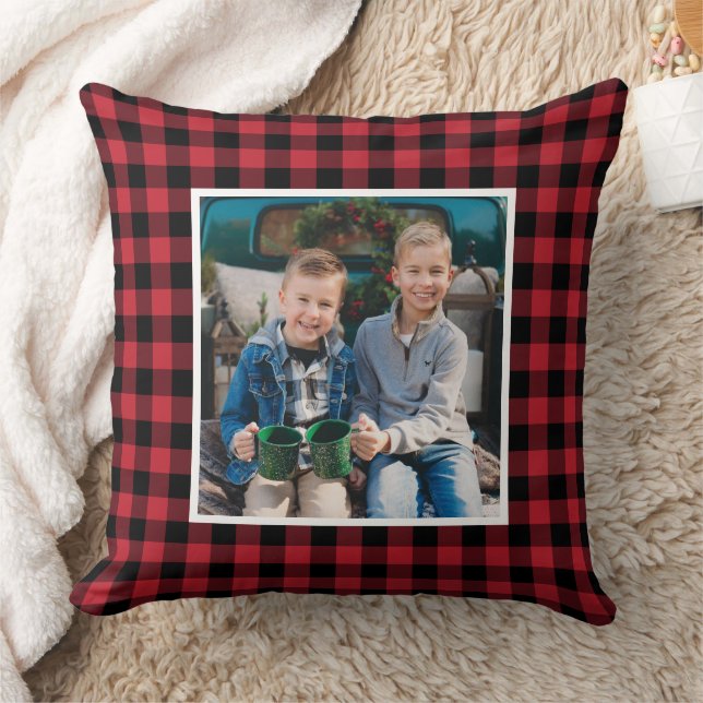 Coussin Rouge Plaid Buffalo Noir Photo Noël (Couverture)