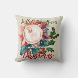 Coussin Rouge Poinsettia Mistletoe Nom du bébé Photo Noël