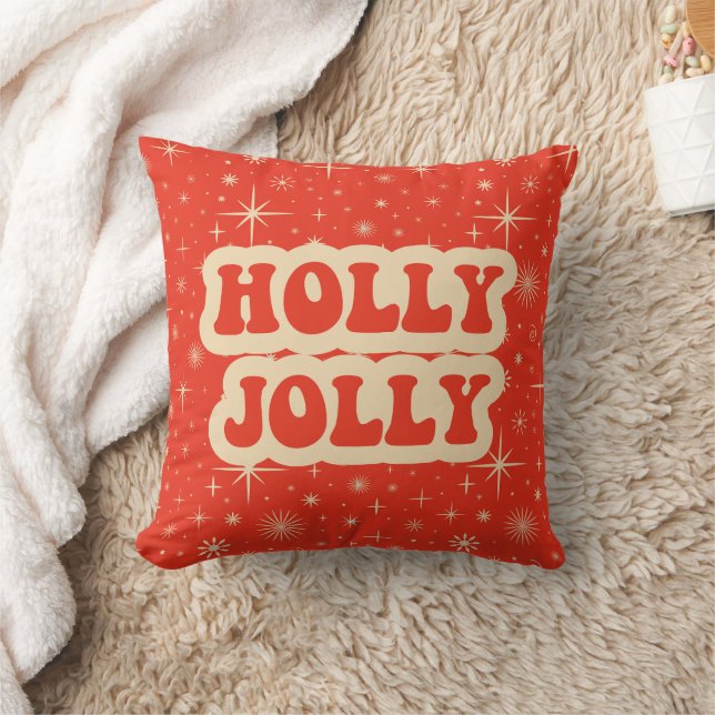 Coussin Rouge Rétro Groovy Vintage Noël Holly Joyeux (Couverture)