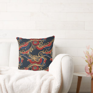 Coussin Rouge riche, Marine, Or Flore Scroll