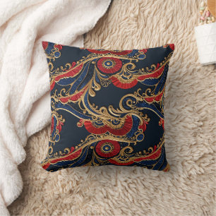 Coussin Rouge riche, Marine, Or Flore Scroll