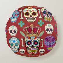  Coussin rouge rond - Gothique - crâne et os