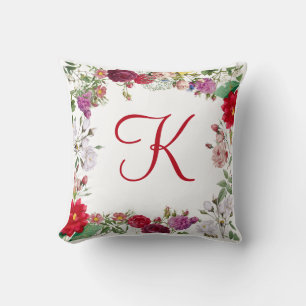 Coussin Rouge Rose Violet Fleurs Vertes Floral Monogrammé