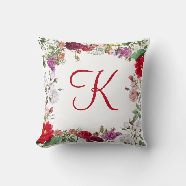 Coussin Rouge Rose Violet Fleurs Vertes Floral Monogrammé (Recto)
