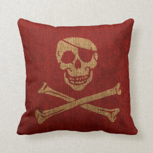 Coussin Rouge rustique de crâne de pirate