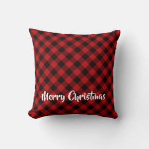 Coussin Rouge rustique et noir plaid - flocons de neige