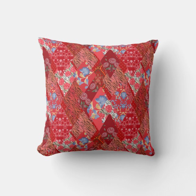 Coussin Rouge, rustique, patchwork (Recto)