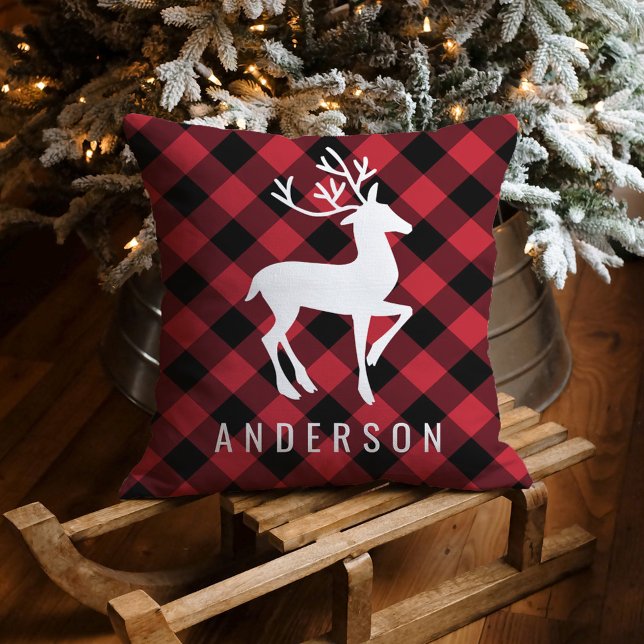Coussin Rouge Rustique Plaid Noir Cerf Noël Monogramme (Créateur téléchargé)