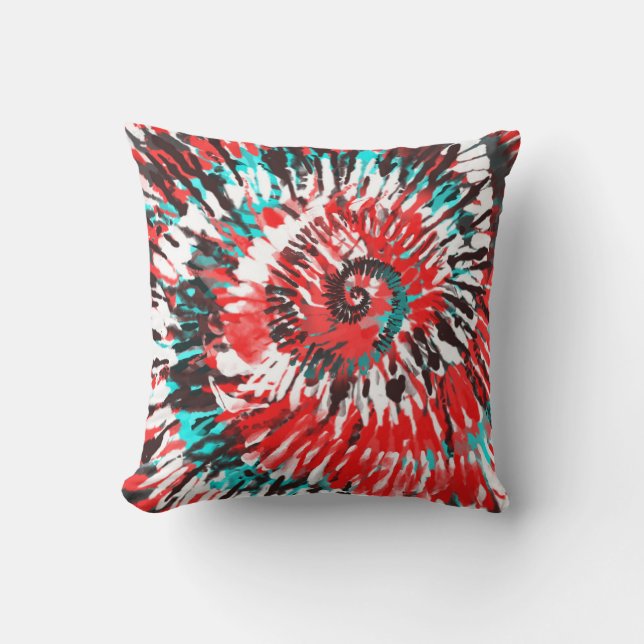 Coussin Rouge Sarcelle Noir Blanc & Teinture Tie Dye Gris (Recto)