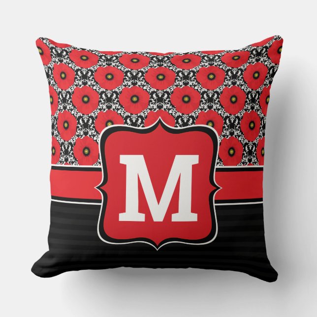 Coussin Rouge Shabby Chic, Coquelicots Monogramme Noir & B (Recto)