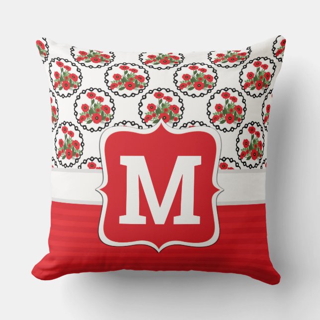 Coussin Rouge Shabby Chic, Coquelicots Monogramme Noir et  (Recto)