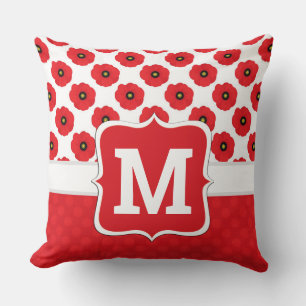 Coussin Rouge Shabby Chic, Coquelicots Noir & Blanc Monogr