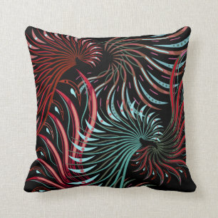 Coussin Rouge, turquoise et ailes abstraites de noir