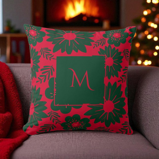 Coussin Rouge Vert aquarelle Script floral (Créateur téléchargé)