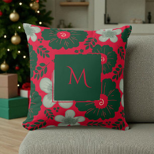 Coussin Rouge Vert aquarelle Script floral