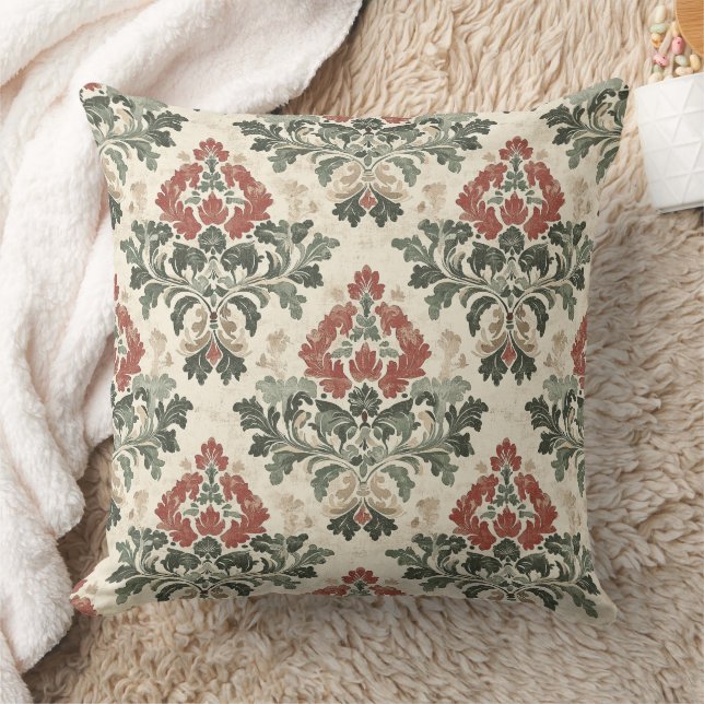Coussin Rouge Vert Beige Damassé Antique (Couverture)