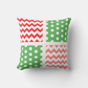 Coussin Rouge/Vert/Blanc Deux Tons Chevron/Polkadot