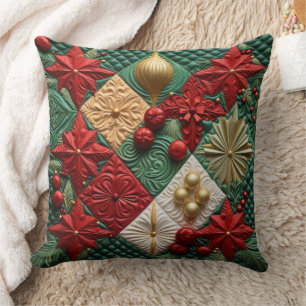 COUSSIN ROUGE VERT BLANC QUILÉ REGARDER LES BALLES DE NOËL
