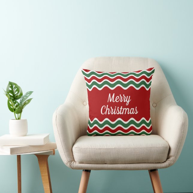 Coussin Rouge Vert Blanc Vague Rayures Joyeux Noël (Chaise)