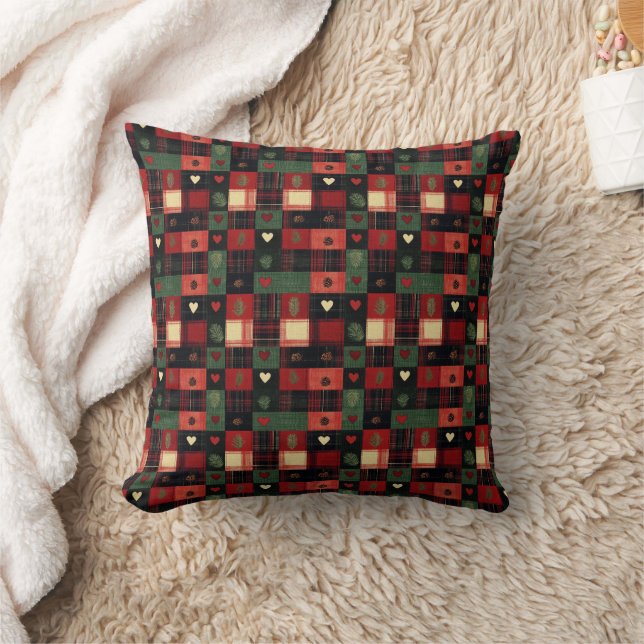 Coussin Rouge Vert Carreaux Cœurs Noël Fêtes (Couverture)