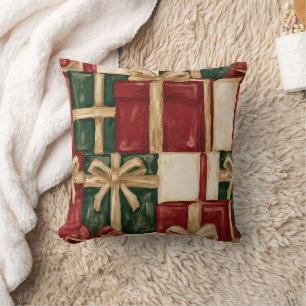 Coussin Rouge Vert Crème Cadeau Or Flocons de Neige Noël
