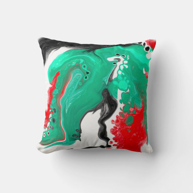 Coussin Rouge, vert, noir et Marbre blanc Fluid Art (Recto)
