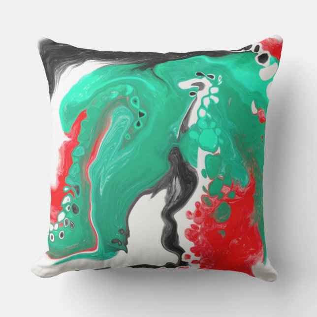 Coussin Rouge, vert, noir et Marbre blanc Fluid Art (Recto)