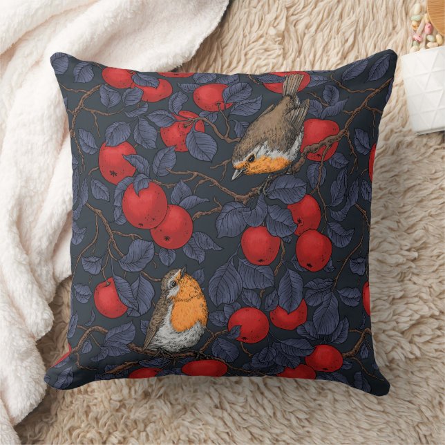 Coussin Rouges-gorges dans le pommier/bleu et rouge  (Couverture)