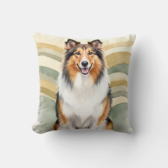 Coussin Rough Collie Aquarelle Ruban Vague Art (Recto)