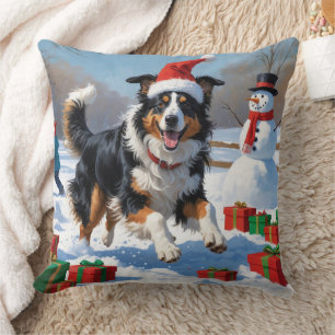 Coussin Rough Collie Courir dans la neige avec le Casquett