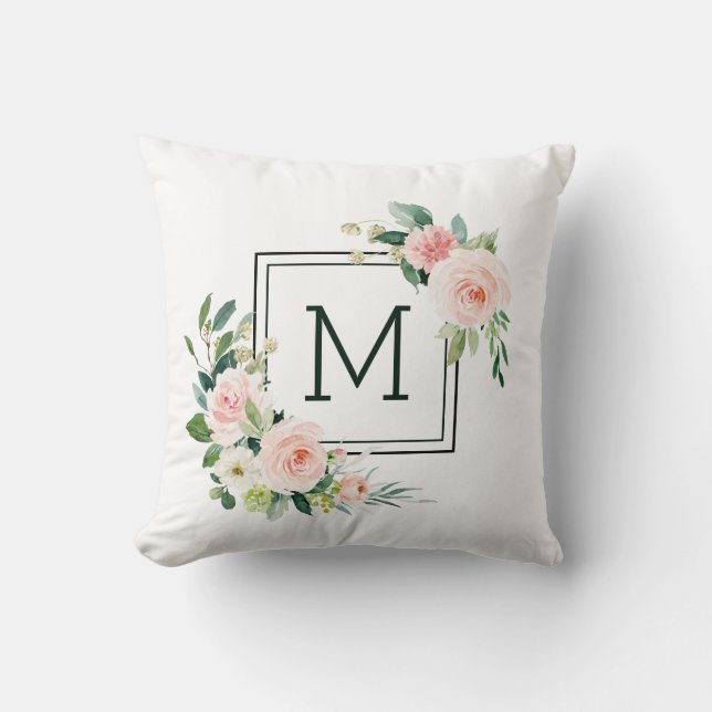 Coussin Rougissent le monogramme rose de fleur d'aquarelle (Recto)