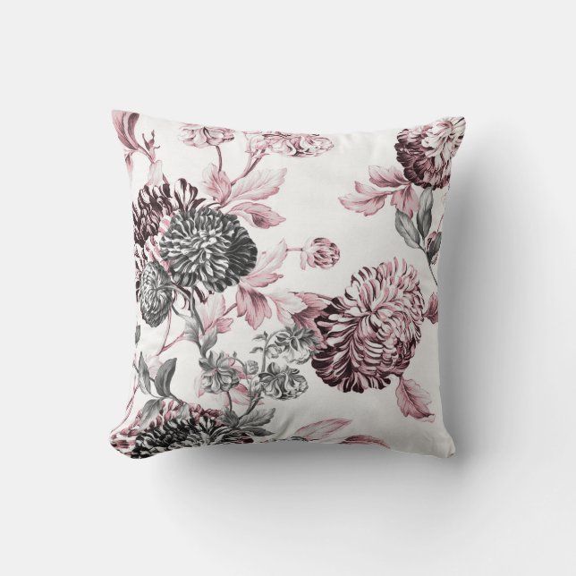 Coussin Rougissent Toile botanique noir et blanc rose (Recto)