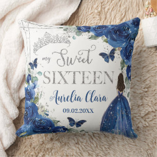 Coussin Royal Blue Floral Princess Sweet sixteen d'argent