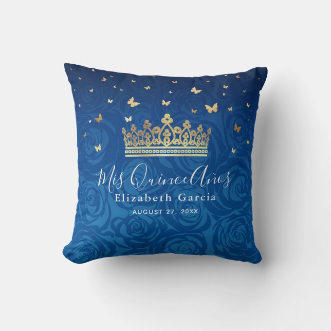 Coussin Royal Blue Gold Quinceanera Mis Quince Anos (Recto)