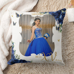 Coussin Royal Blue Rose Floral Photo Quinceañera Memento